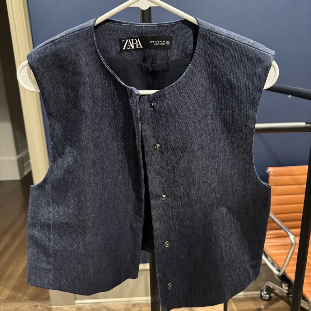 ZARA Navy Denim Snap-Front Vest